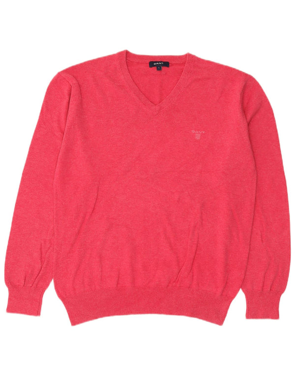 Gant Mens V-Neck Jumper Sweater Large Pink Cotton