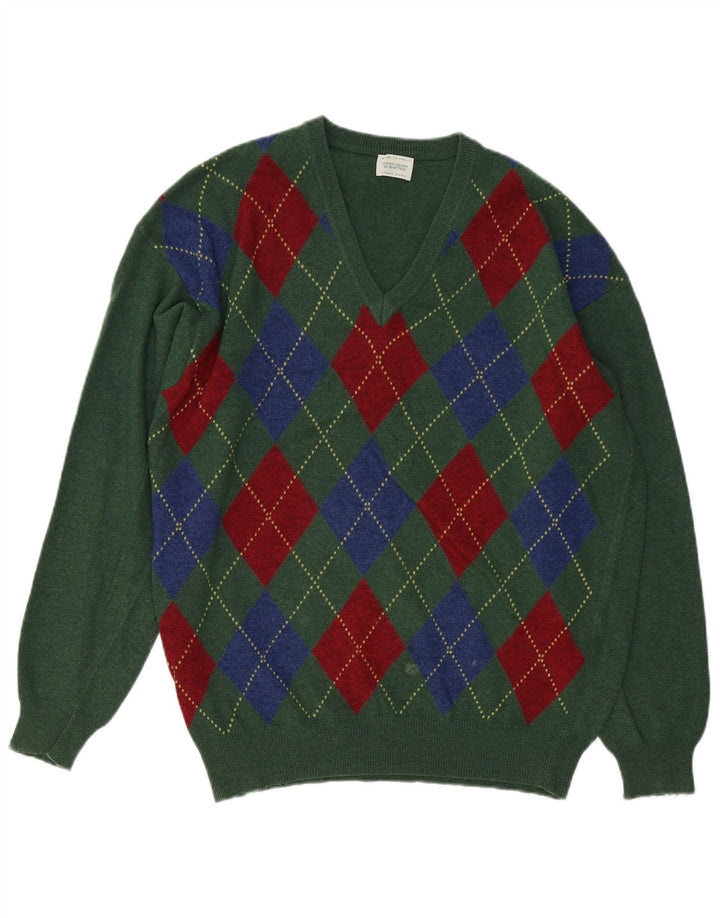 BENETTON Maglione da uomo con scollo a V verde medio a rombi/lana diamante