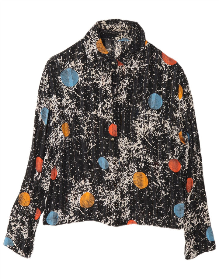 Camicetta camicia vintage da donna UK 14 media nera geometrica