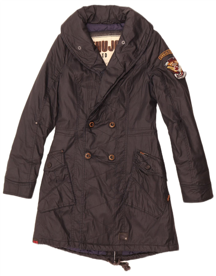 KHUJO Womens Double Breasted Parka Jacket UK 10 Small Black