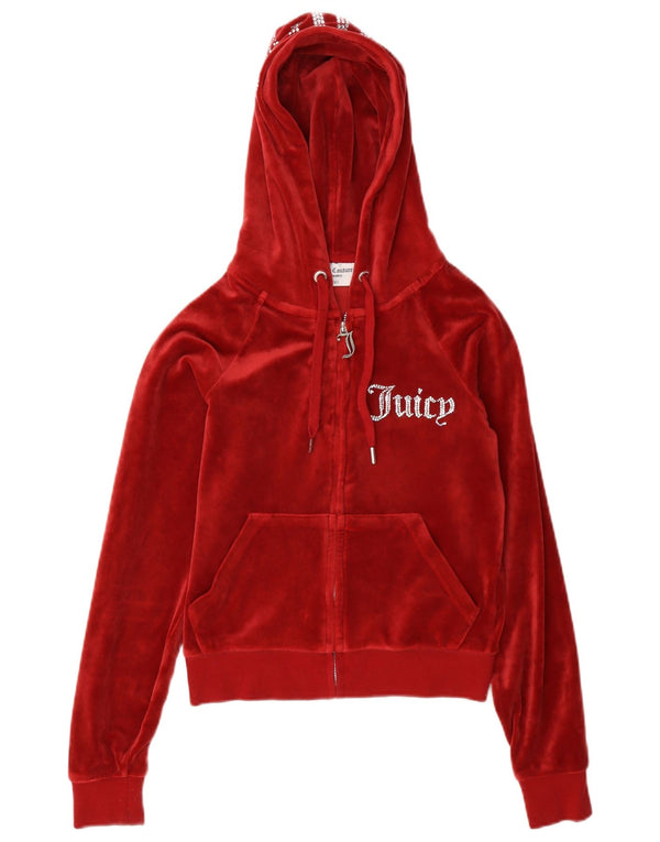 Juicy Couture Damen-Kapuzenpullover mit übergroßem Grafik-Reißverschluss, UK 2 2XS, Rot
