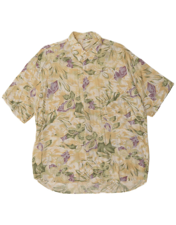 Vintage Kortærmet Herreskjorte Stor Beige Blomsterviscose