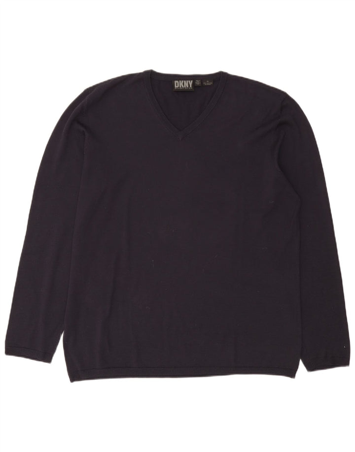 Dkny Mens V-Neck Jumper Sweater XL Navy Blue Silk