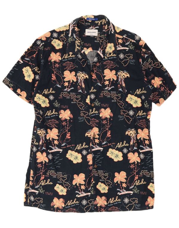 Jack & Jones Mens Graphic Short Sleeve Shirt Large Black Floral Hawaiian