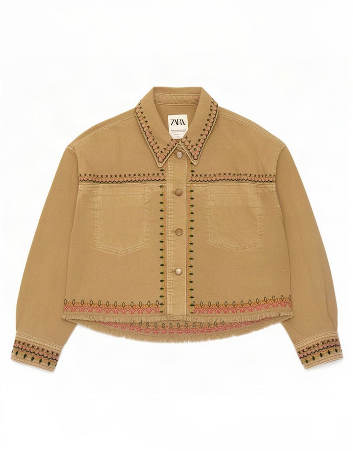 Zara Womens Oversized Bomber Jacket UK 10 Small Beige Geometrisk Bomuld