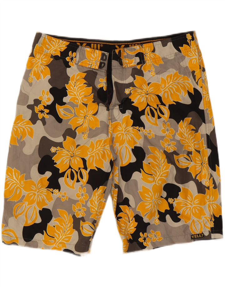 YELL! Mens Swimming Shorts XL Yellow Floral Polyester Vintage Yell! and Second-Hand Yell! from Messina Hembry 