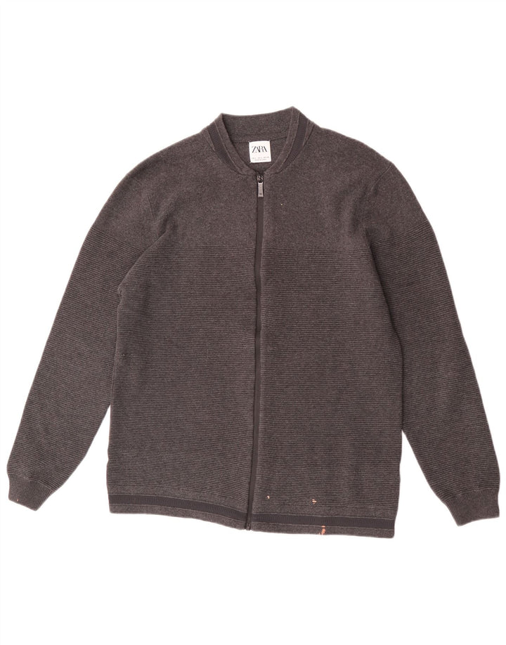 Zara Herren-Strickjacke, groß, grau gestreift, Baumwolle