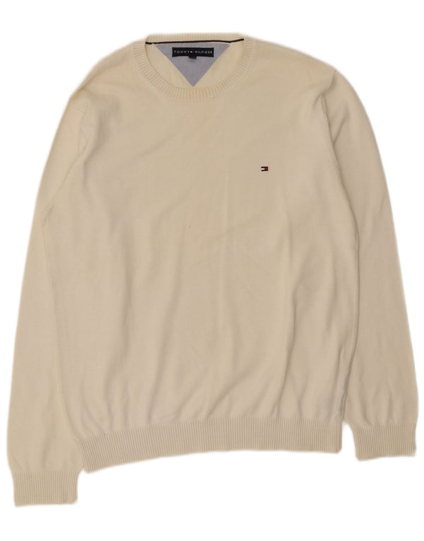 Tommy Hilfiger Mens Crew Neck Jumper Sweater Large White Cotton