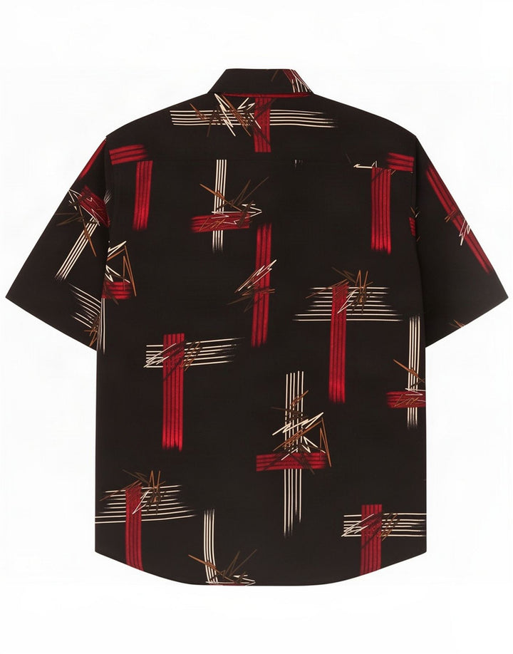 Vintage Mens Abstract Pattern Short Sleeve Shirt Large Black Silk