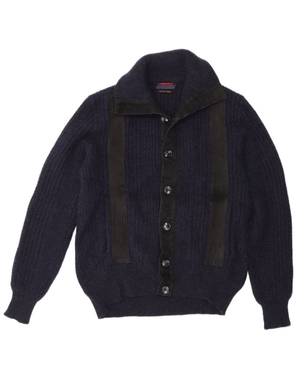 Vintage hombre Cardigan suéter IT 48 medio azul marino colorblock Camelhair