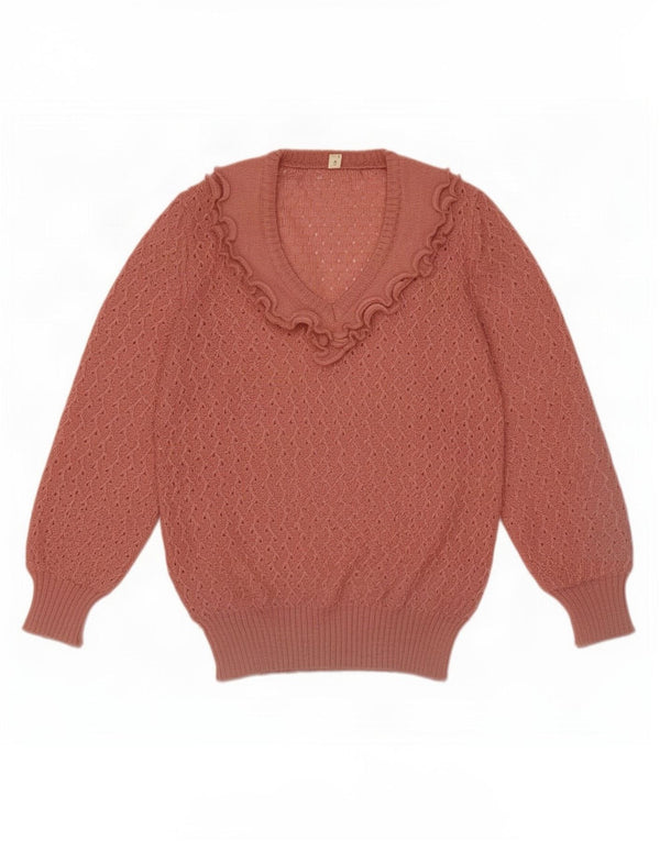 Vintage mujer volante delantero V-cuello jersey suéter IT 44 rosa medio