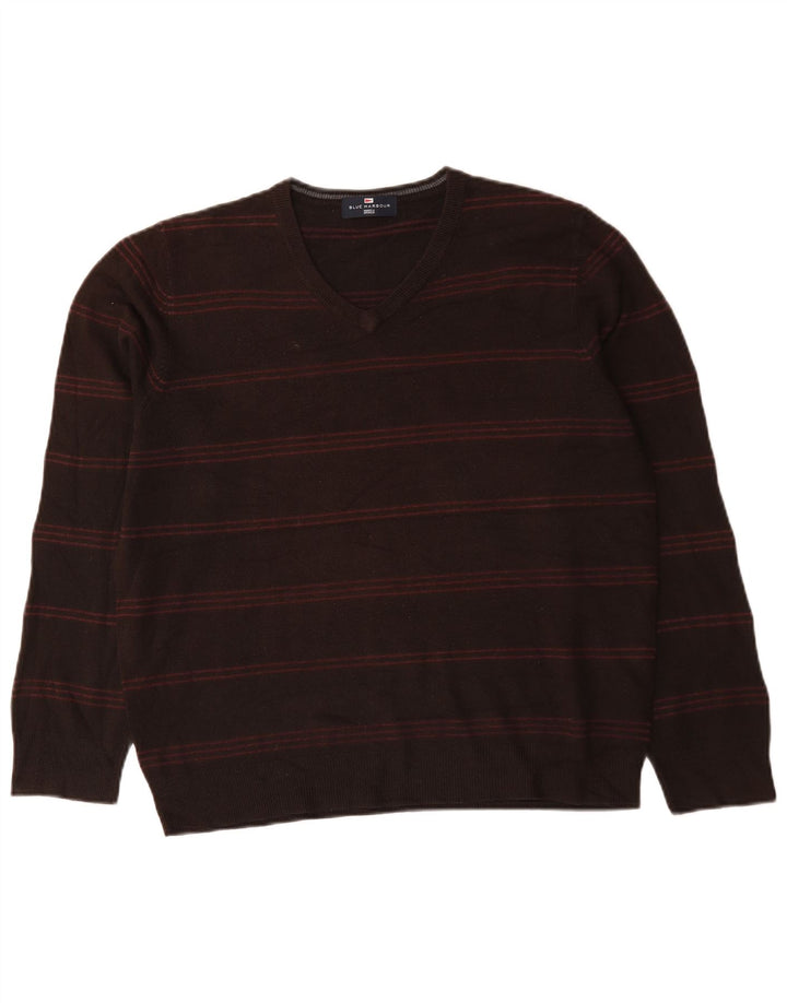 Marks & Spencer Mens Blue Harbour V-Neck Jumper Sweater Large Brown Striped