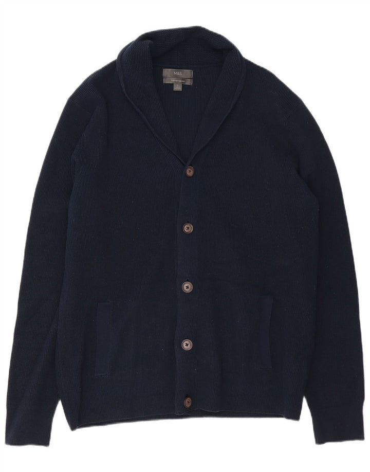 MARKS & SPENCER Mens Cardigan Sweater Large Navy Blue Cotton