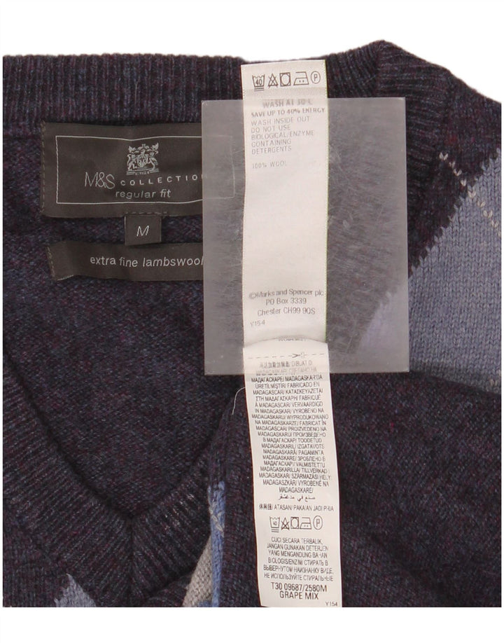 Marks & Spencer Mens V-Neck Jumper Sweater Medium Purple Argyle/Diamond