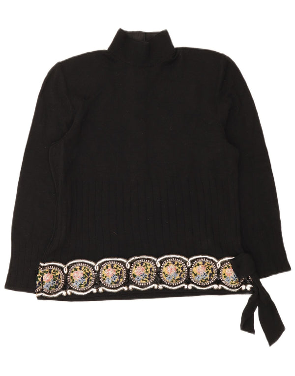 Giorgio Grati Damen-Pullover mit Knopfkragen, Gr. 12, mittelschwarz, geblümt