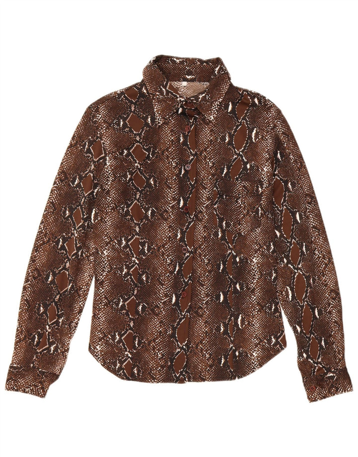 Vintage dameskjorte bluse UK 12 Medium Brown Animal Print Polyester