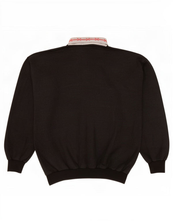 Vintage Herre grafisk Polo-hals Sweatshirt Jumper XL Sort Colourblock