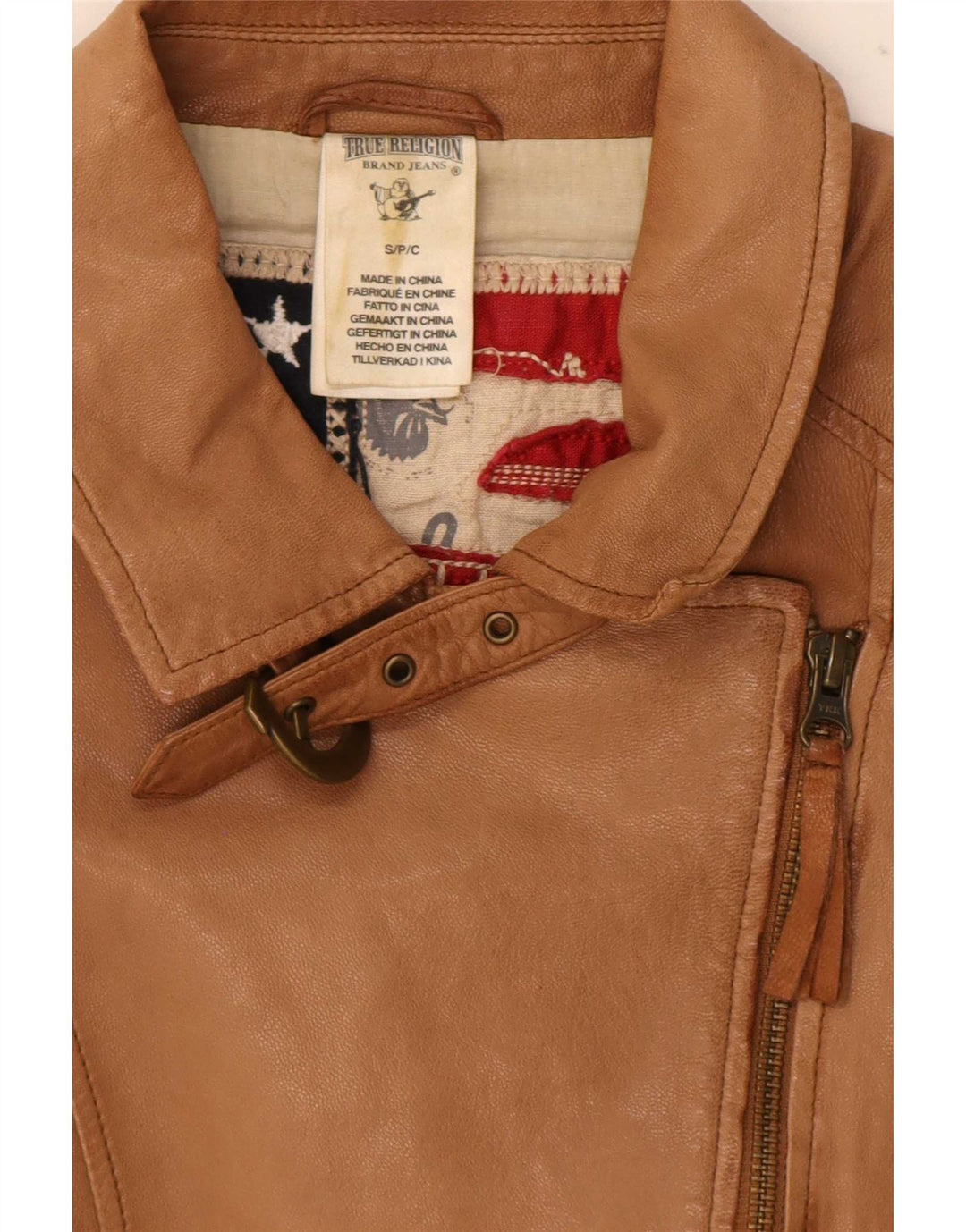 Женская кожаная косуха True Religion UK 10, маленькая, бежевая с цветными блоками