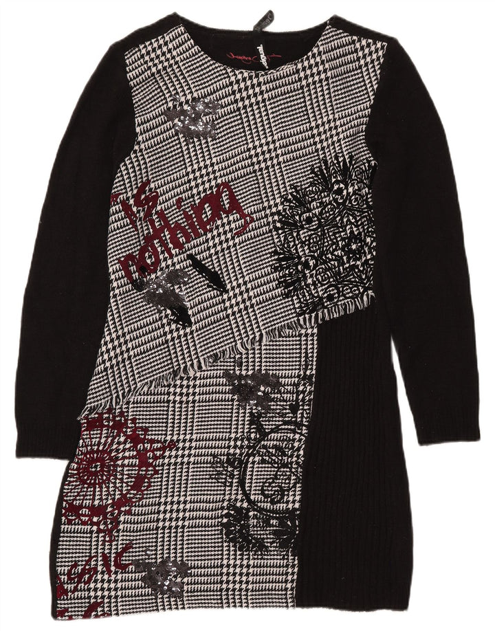 DESIGUAL Womens Graphic Jumper Dress EU 42 Large Black Houndstooth