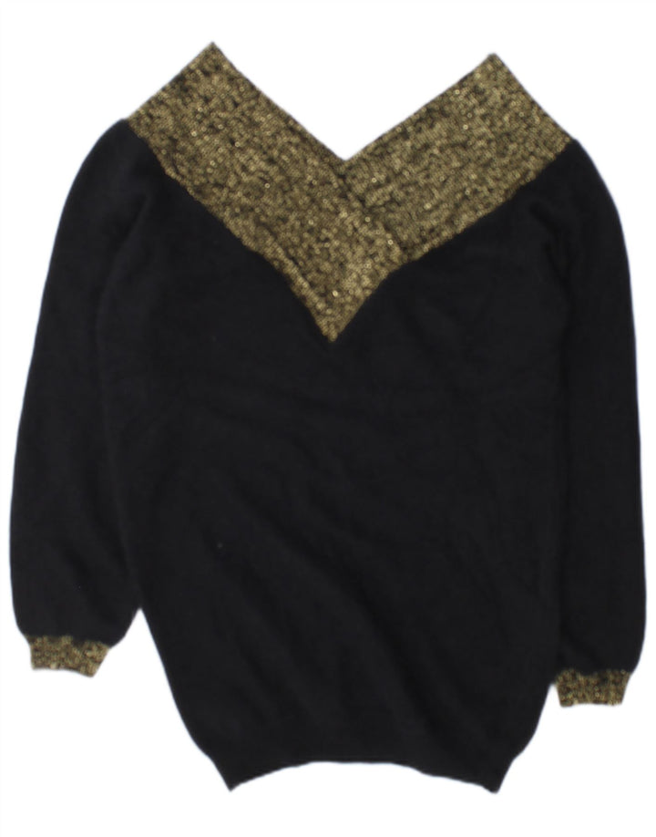 Vintage Dame V-hals sweater EU 38/40 Medium Sort Colourblock