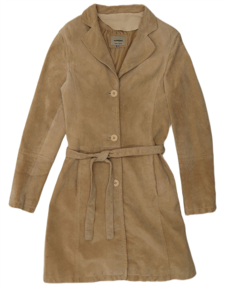 Conbipel Womens Suede Overcoat IT 46 Large Khaki Leather