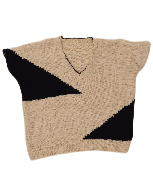 vintage Femmes Crop V-Col Jumper Pull UK 12 Beige Moyen Colorblock