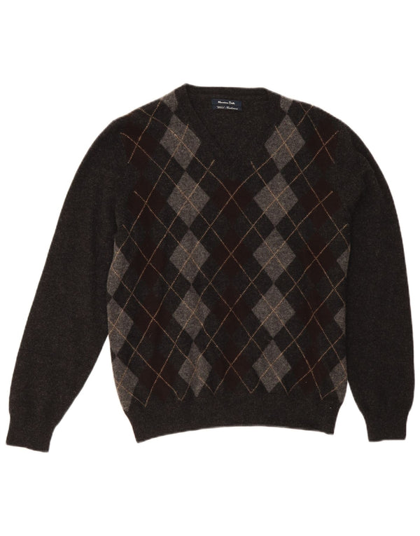 Massimo Dutti Herre V-hals sweater Medium Grey Argyle/Diamond Wool