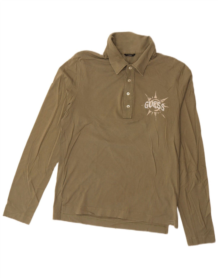 Guess Mens Graphic Long Sleeve Polo Shirt Medium Khaki Cotton