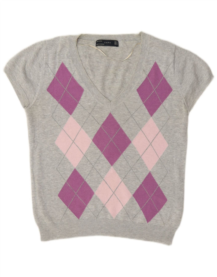 Zara Womens V-Neck Jumper Sweater UK 12 Medium Grey Argyle/Diamond