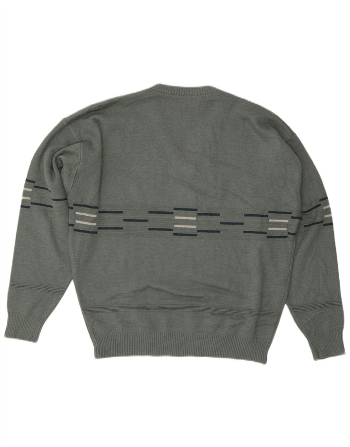 VINTAGE Mens V-Neck Jumper Sweater Large Grey Striped