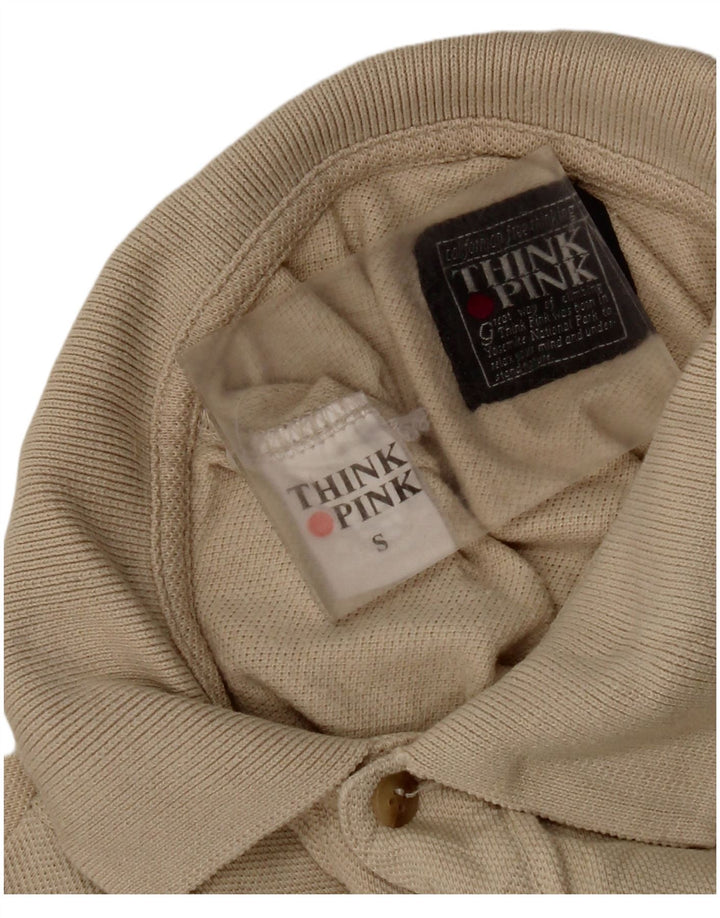 Think Pink Mens Long Sleeve Polo Shirt Small Beige Cotton