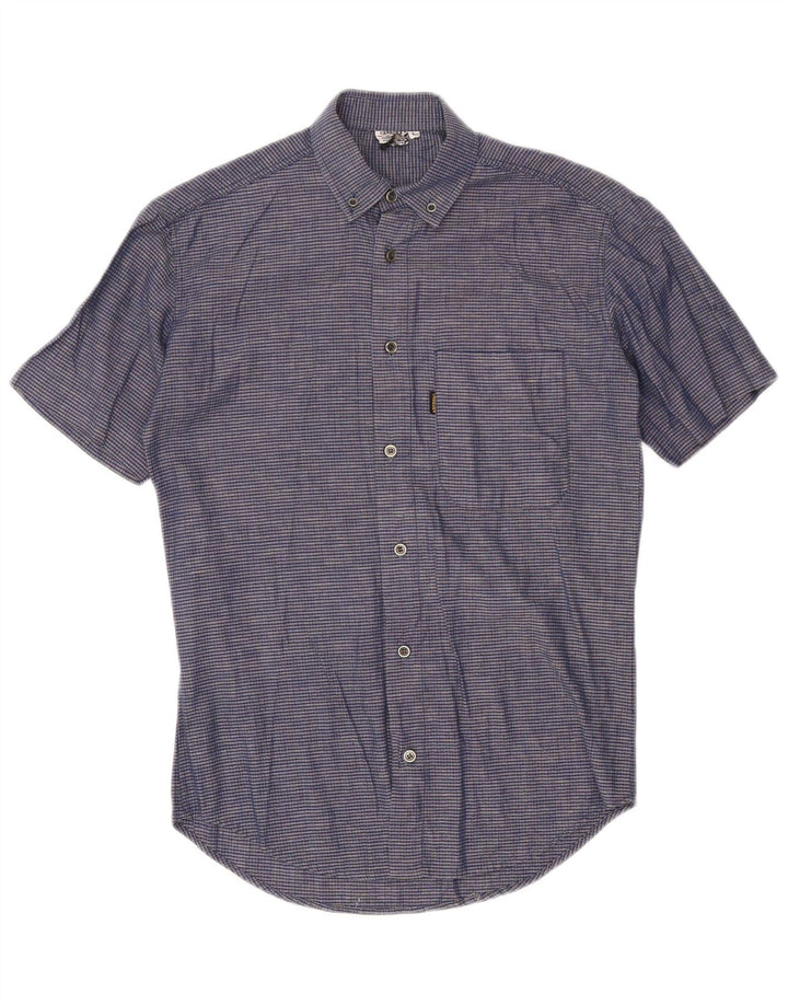 Camisa Carrera Hombre Manga Corta Algodón A Cuadros Azul Marino Mediano