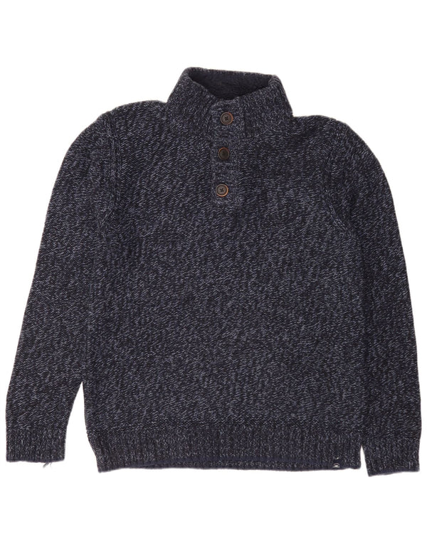 Fedt ansigt Herre Button Neck Jumper Sweater Medium Navy Blue Flecked Bomuld