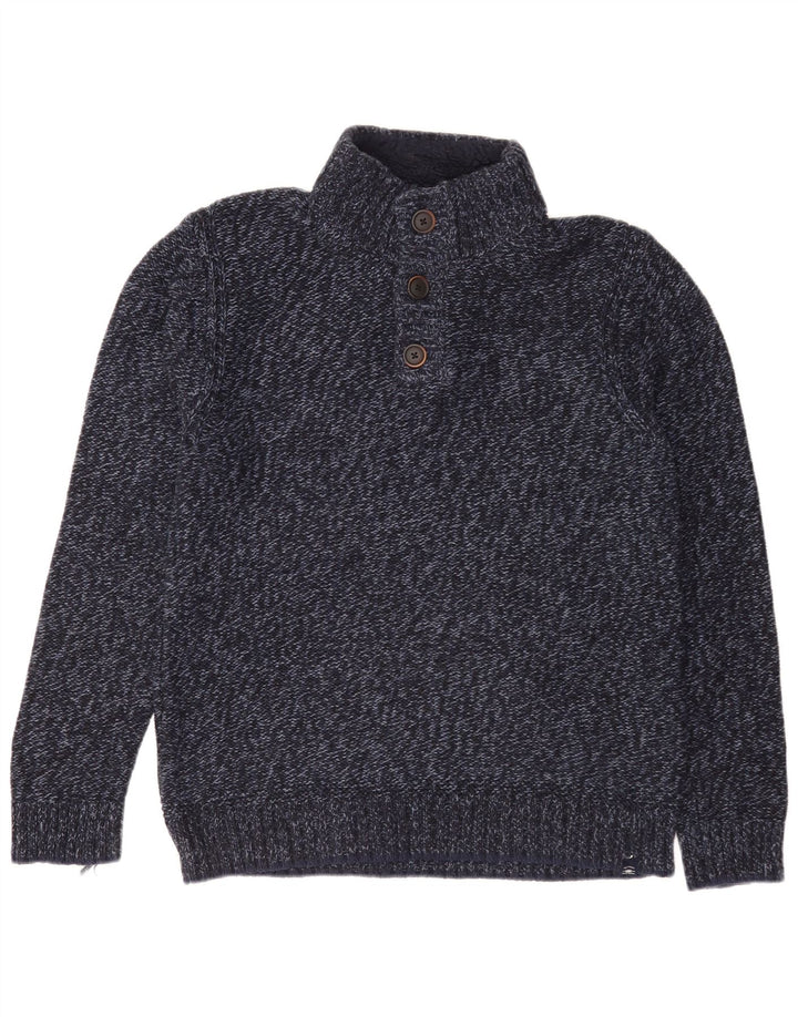 Fedt ansigt Herre Button Neck Jumper Sweater Medium Navy Blue Flecked Bomuld