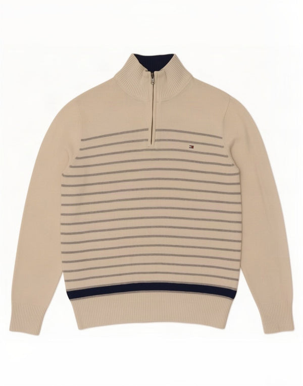 Tommy Hilfiger Mens Zip Neck Jumper Sweater Large Off White Striped Cotton