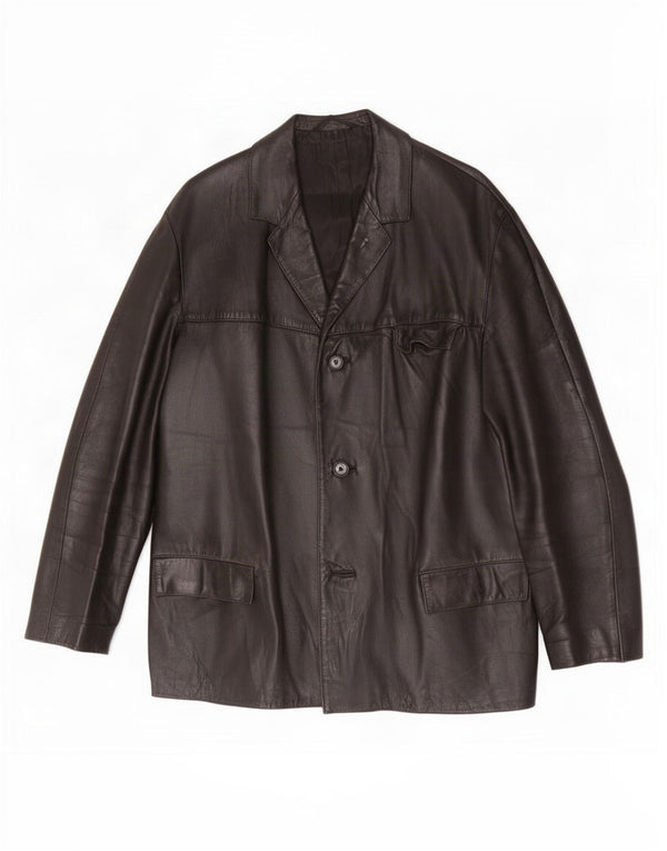 vintage Homme 3 Boutons Veste Blazer En Cuir UK 40 Grand Noir