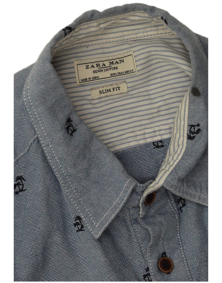 Zara Mens Slim Fit Pullover Shirt Large Blue Spotted Cotton