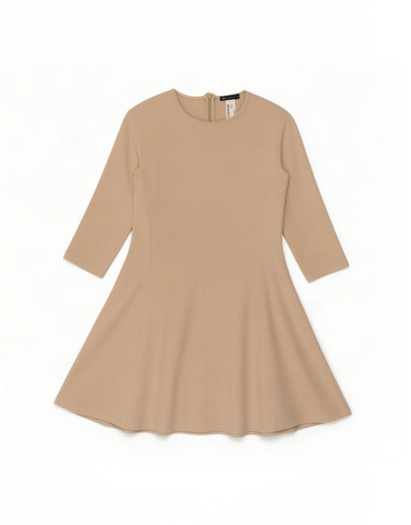 Zara Robe trapèze à manches 3/4 pour femme UK 12 en coton beige moyen