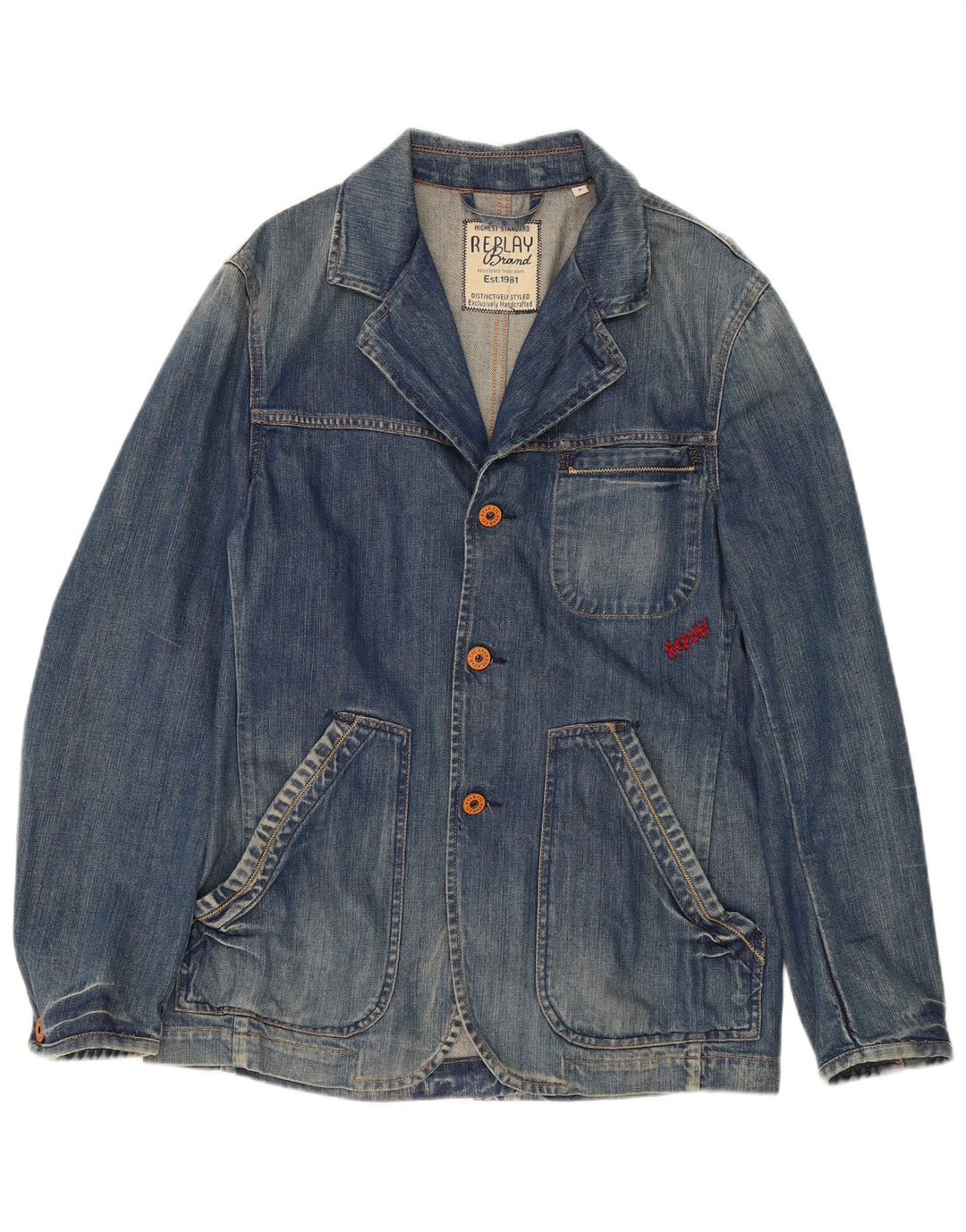Replay Herre 3 Button Denim Blazer Jacket UK 38 Medium Blue Cotton
