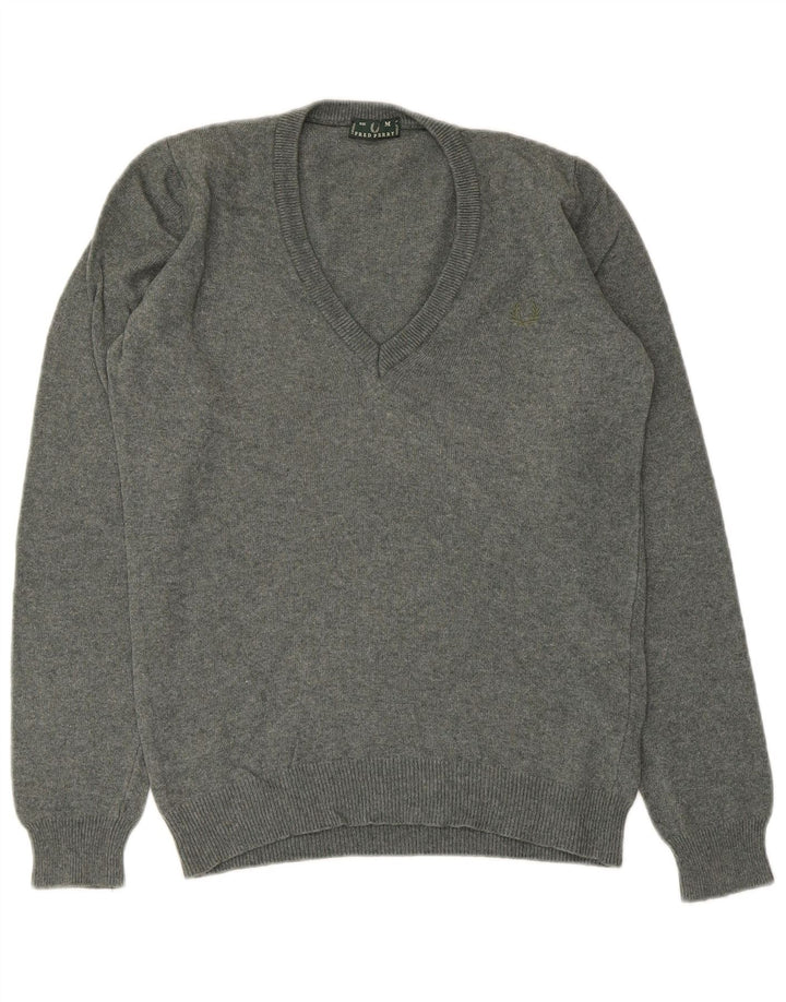 Maglione maglione con scollo a V da donna Fred Perry UK 12 Lana grigio medio