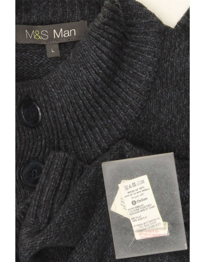 Marks & Spencer Mens Button Neck Jumper Sweater Large Navy Blue Flecked