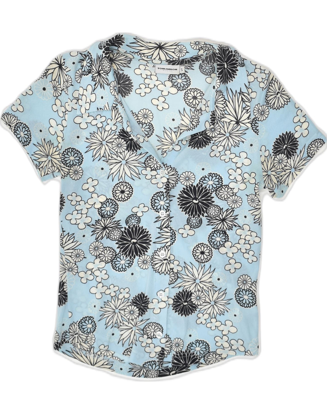 TOM TAILOR Womens Short Sleeve Shirt UK 8 Small Blue Floral Polyamide | Vintage Tom Tailor | Thrift | Second-Hand Tom Tailor | Used Clothing | Messina Hembry 