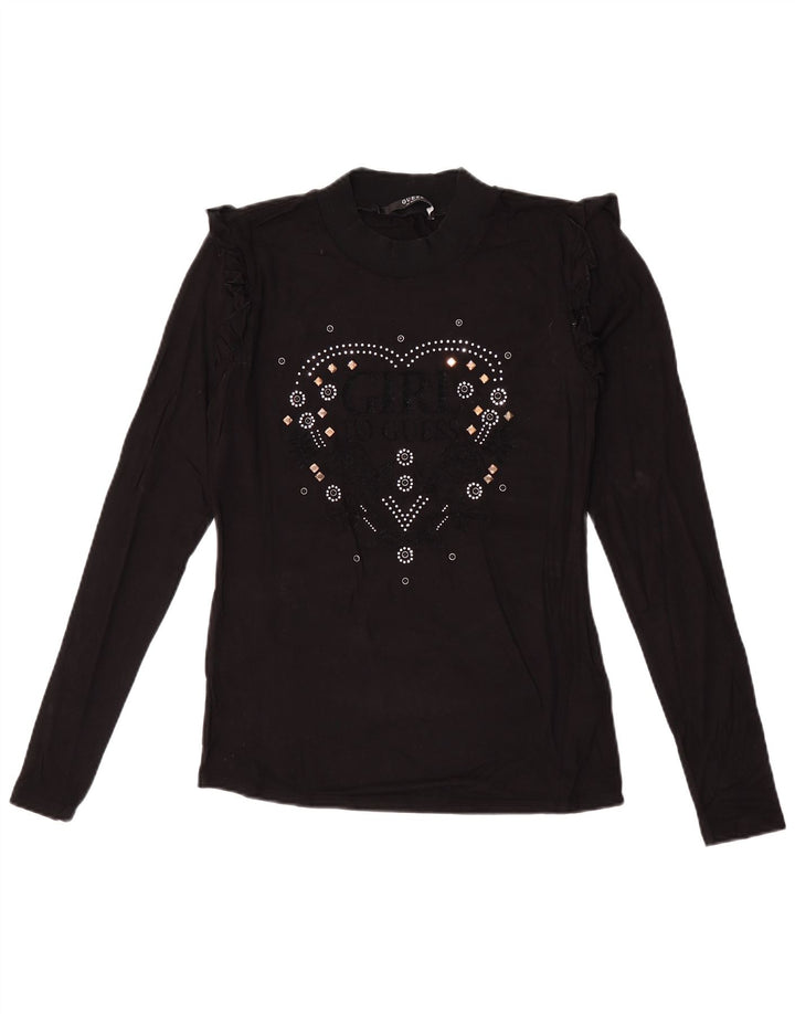 Guess Womens Graphic Top Long Sleeve UK 10 Small Black Viscose