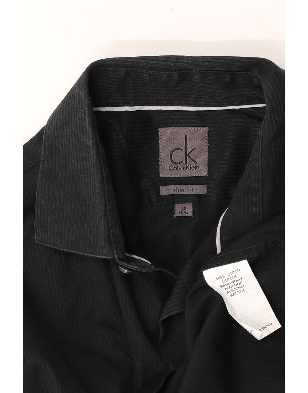 Calvin Klein Mens Formal Shirt Size 39 15 1/2 Medium Black Pinstripe