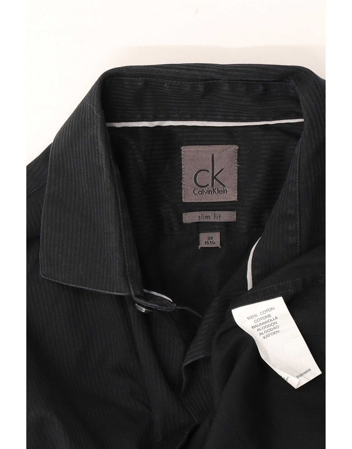 Calvin Klein Mens Formal Shirt Size 39 15 1/2 Medium Black Pinstripe