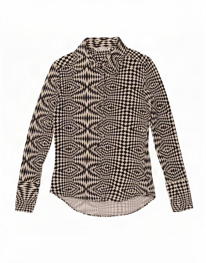 Zara Blusa Camisa Mujer UK 40 Mediano Poliéster Geométrico Negro
