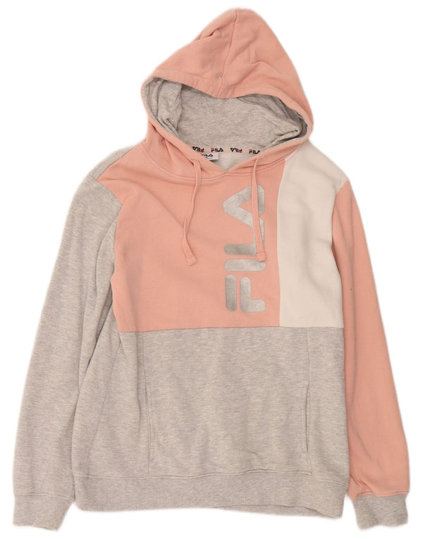 Fila Womens Graphic Hoodie Pullover UK 14 Mittelgraue Colourblock-Baumwolle