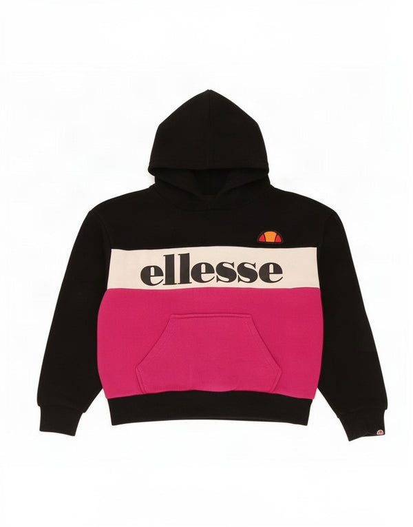 Ellesse Crop Graphic Hoodie-Pullover für Mädchen, 8–9 Jahre, schwarze Farbblock-Baumwolle