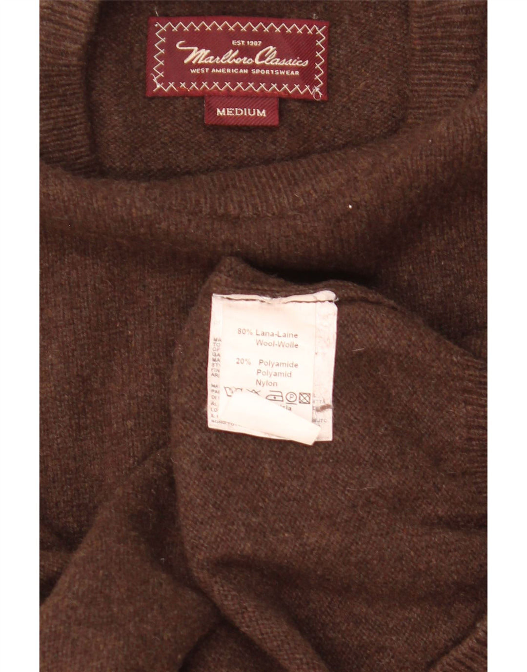 MARLBORO CLASSICS Herren-Pullover mit Rundhalsausschnitt aus mittelbrauner Wolle
