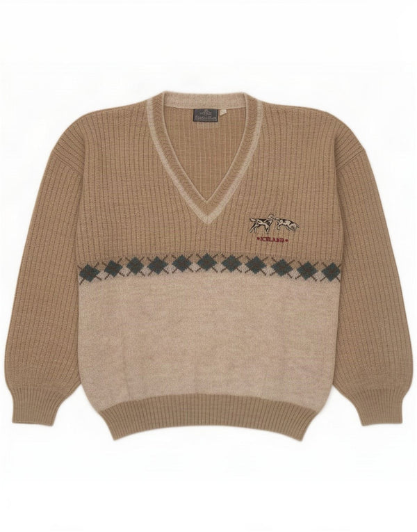 Daniele Blasi Mens V-Neck Jumper Sweater IT 50 Medium Beige Colourblock